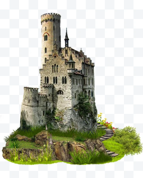 Castillo medieval de piedra con torre redonda y escaleras exteriores rodeado de