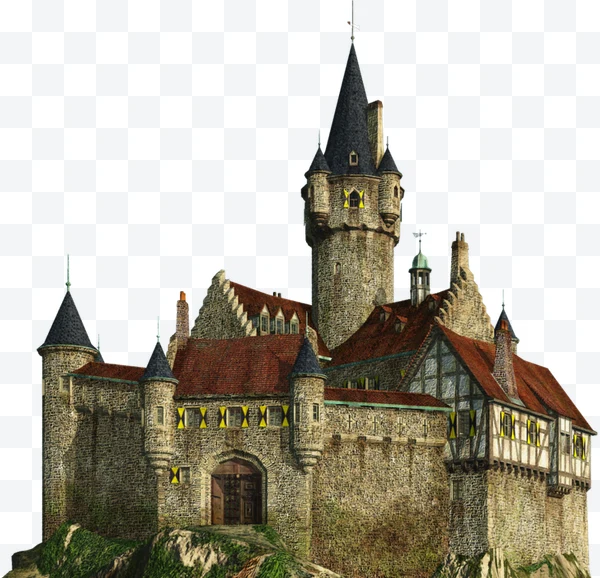 Castillo medieval de piedra con torres altas y techo rojo