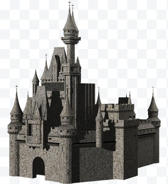 Castillo de piedra gris con torres puntiagudas y entrada arqueada