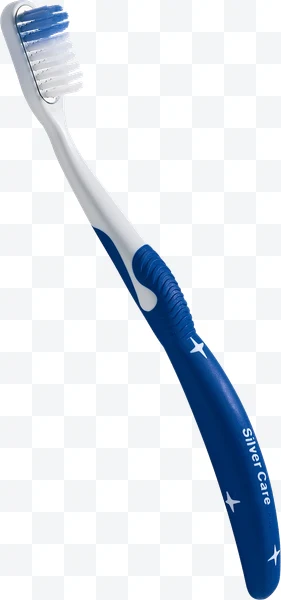 Silver Care blue and white toothbrush with bristles and ergonomic handle