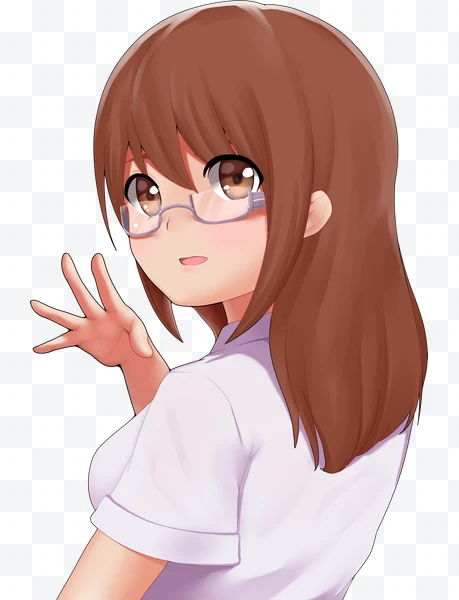 Chica anime con gafas, cabello castaño y camisa blanca saludando con la mano