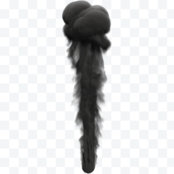 Vertical column of dense black smoke on transparent background