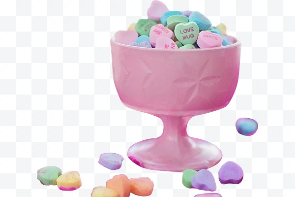 Copa rosa con caramelos en forma de corazón