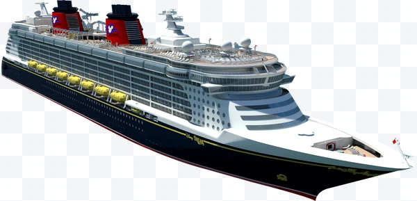 Crucero Disney Dream con chimeneas rojas y logo de Mickey Mouse visto desde un