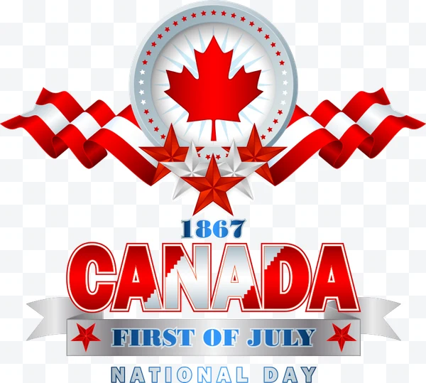 Illustration with red maple leaf, stars, and red and white ribbon