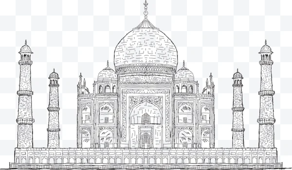 Dibujo lineal del Taj Mahal con cúpulas y minaretes