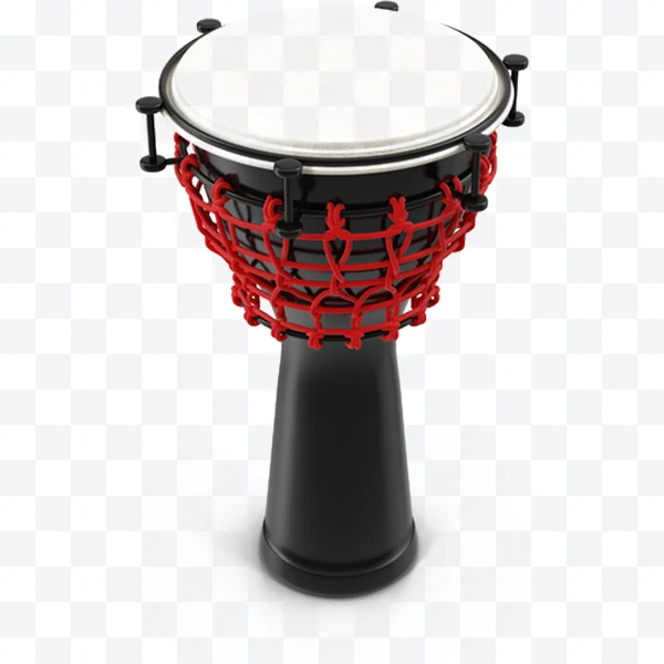 Black djembe with red rope and white drumhead