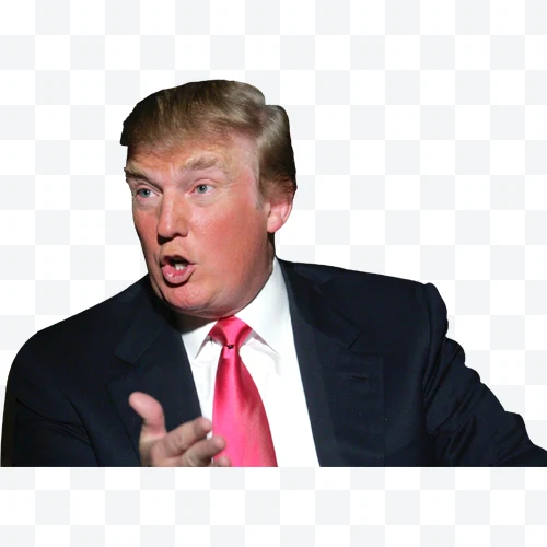 Donald Trump in black suit and red tie speaking and gesturing