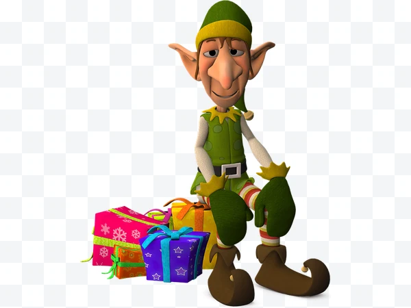 Elfo navideño sentado con gorro verde y amarillo y regalos coloridos a su lado