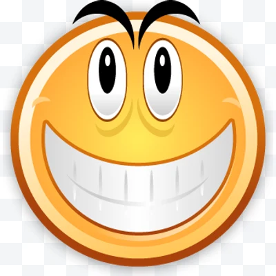 Emoticon amarillo sonriente con cejas arqueadas y dientes visibles