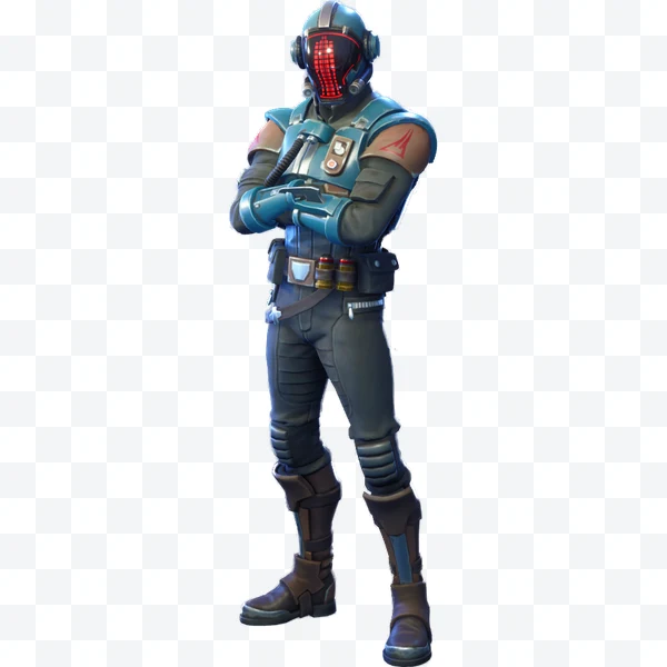 Enforcer de Fortnite con traje blindado azul y negro y casco con pantalla