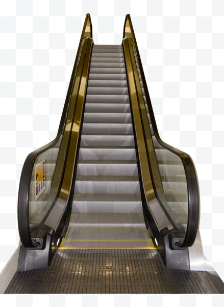 Escalera mecánica con barandillas de vidrio y escalones metálicos con líneas