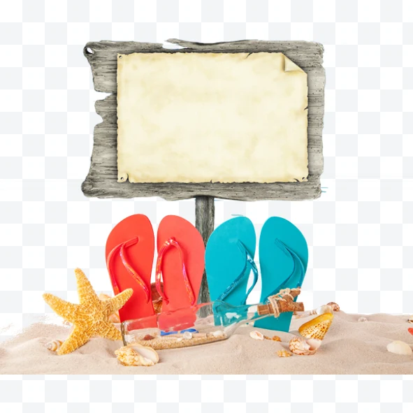 Cartel de madera con papel envejecido, chanclas rojas y azules, estrella de mar