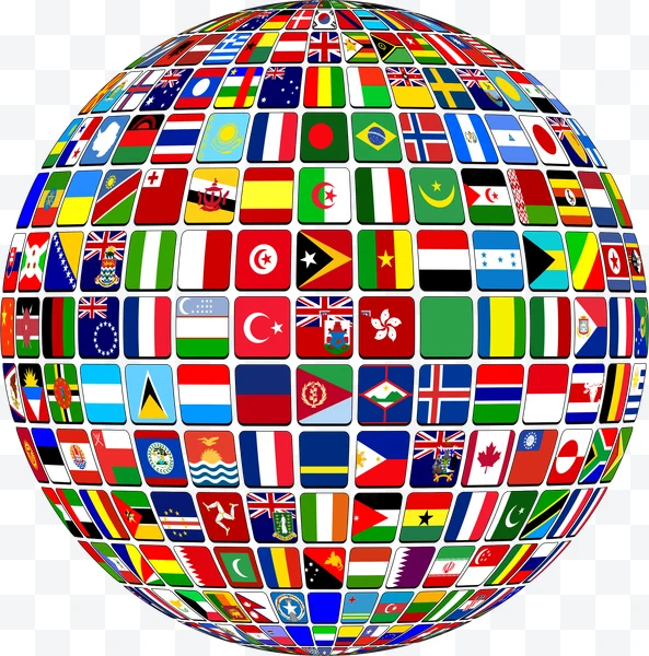 Esfera con múltiples banderas nacionales de diferentes países