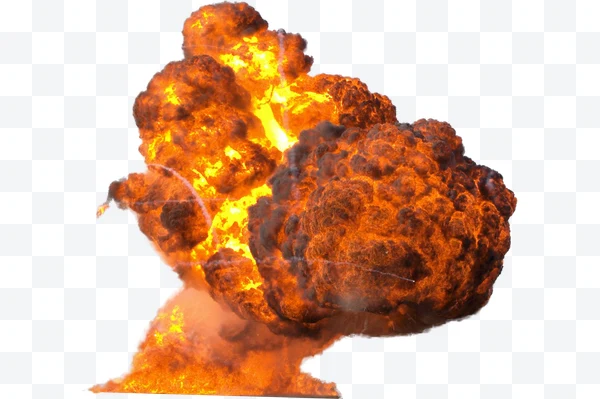 Explosión de fuego grande con humo denso en colores naranja y amarillo