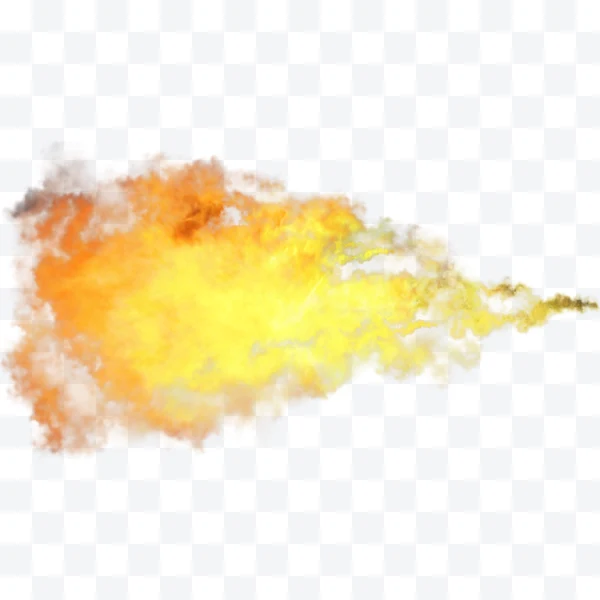 Explosión de fuego con humo naranja y amarillo sobre fondo transparente