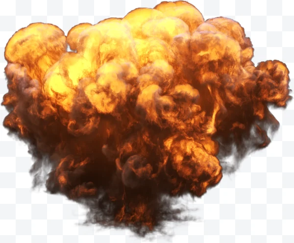 Explosión de fuego con humo y llamas naranjas y amarillas