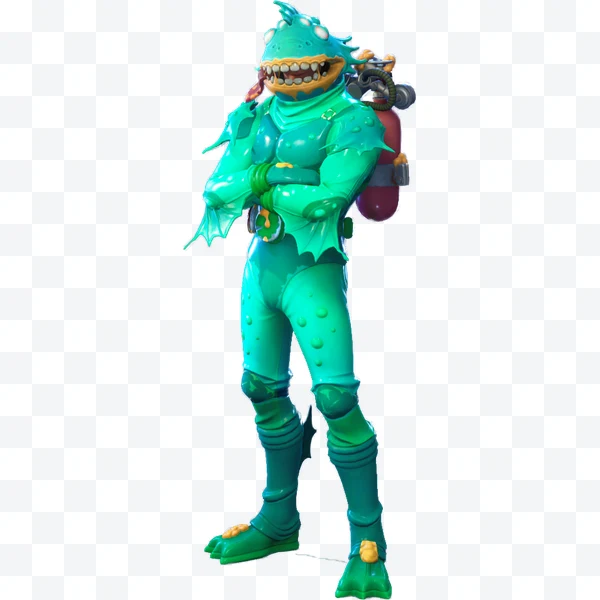 Fishstick de Fortnite con traje verde y mochila roja sobre fondo blanco.