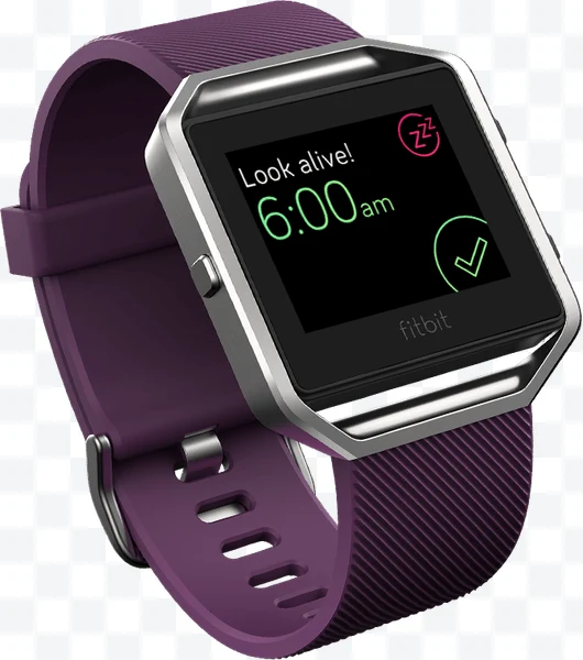 Fitbit Blaze con correa morada y pantalla con alarma de 6:00 am.
