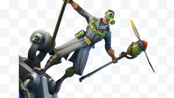 Fortnite Sky Stalker with green gas mask, gray coat, and green harness on top of