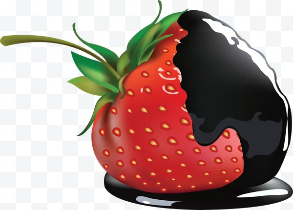 Red strawberry with green leaves covered with shiny dark chocolate