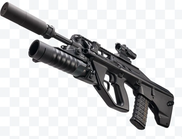 Fusil de asalto Steyr AUG con lanzagranadas y silenciador en fondo blanco