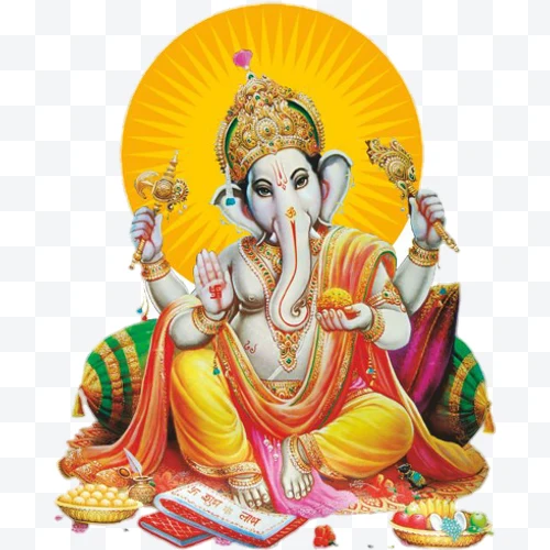 Ganesha sentado con corona dorada, cuatro brazos y halo amarillo.