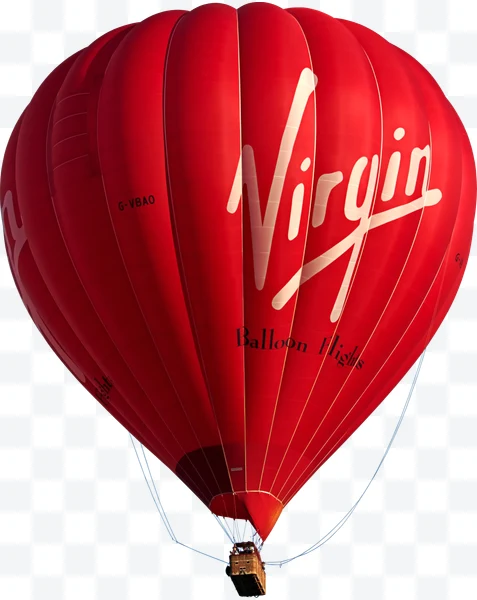 Globo aerostático rojo con logo Virgin globo Flights y cesta