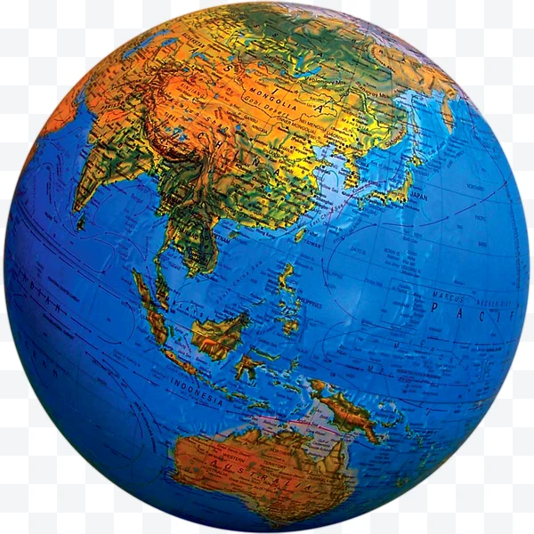 Globo terráqueo con mapa físico colorido de Asia, Australia y océano Pacífico
