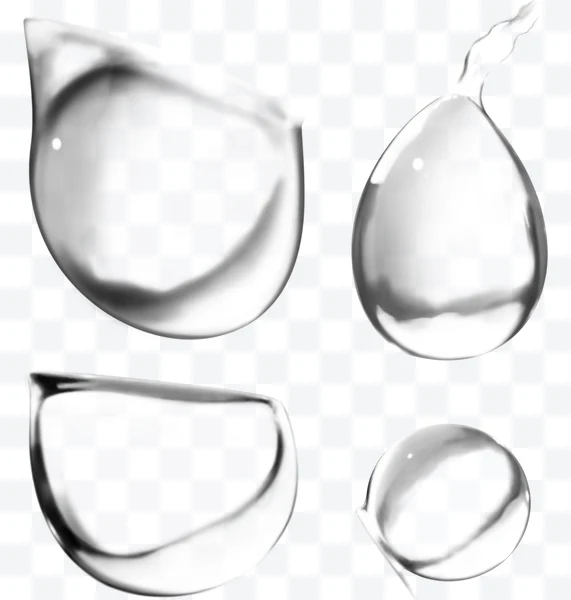 Cuatro gotas de agua translúcidas y brillantes con formas variadas
