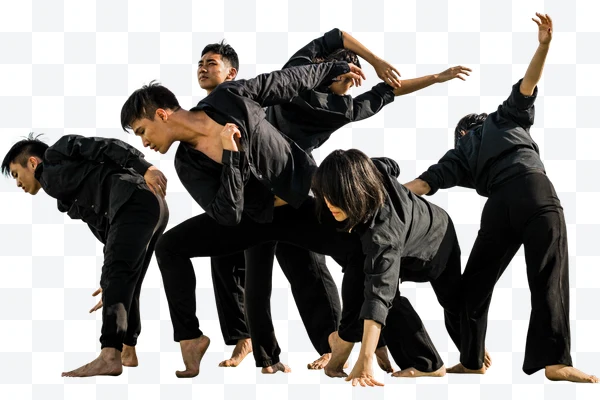 Group of five people dancing contemporary dressed in black on background