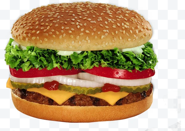 Cheeseburger with sesame seed bun, lettuce, tomato, onion, and pickles