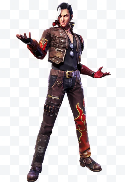 Hayato con chaqueta marrón, guantes rojos y pantalones con llamas en pose