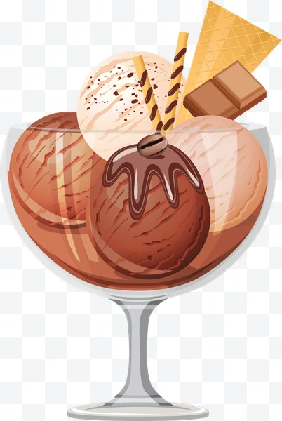 Helado de chocolate y vainilla en copa con barquillo y chocolate