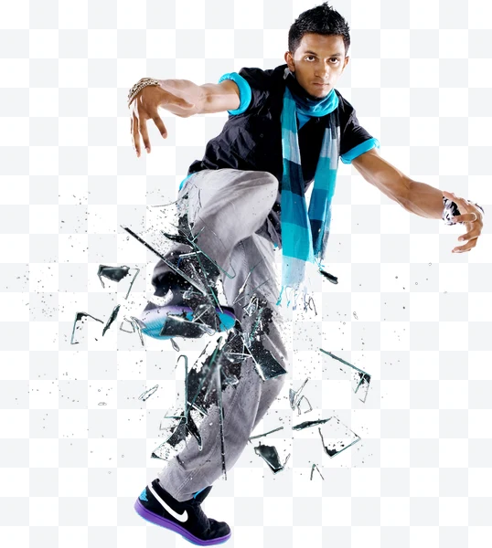 Hombre bailando con bufanda azul y pantalones grises con efecto de vidrio roto