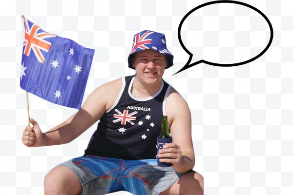 Hombre con sombrero y camiseta negra con bandera australiana, sosteniendo