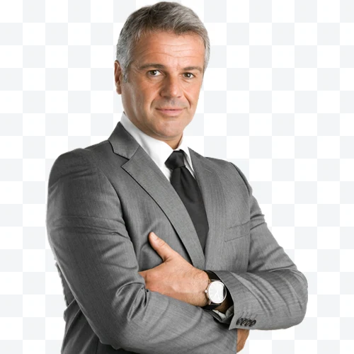 Businessman in gray suit and black tie, arms crossed and wearing a wristwatch