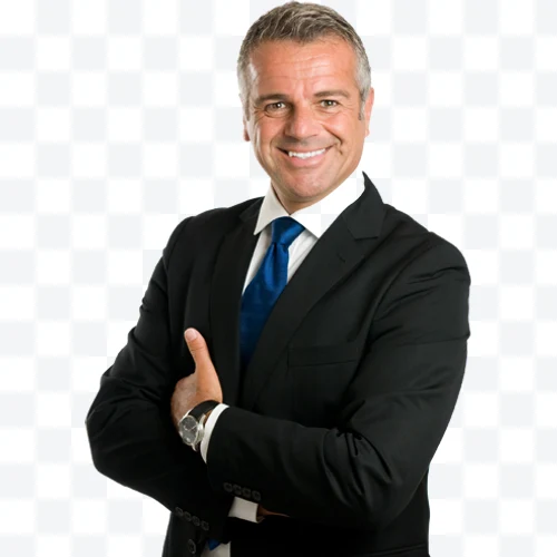 Smiling businessman in black suit and blue tie with arms crossed