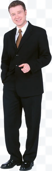 Man in black suit, brown tie, and white shirt pointing forward