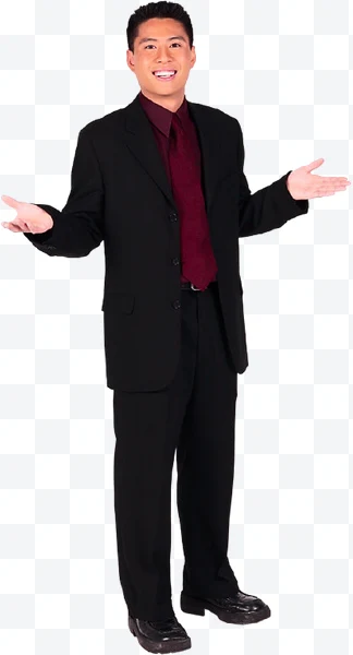 Man in black suit and red tie with open arms and a smile.