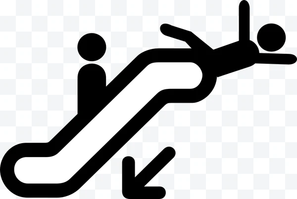 Icono negro de escalera mecánica bajando con una persona y una flecha hacia