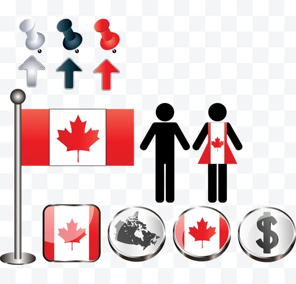 Iconos con la bandera de Canadá, figuras humanas y símbolos relacionados