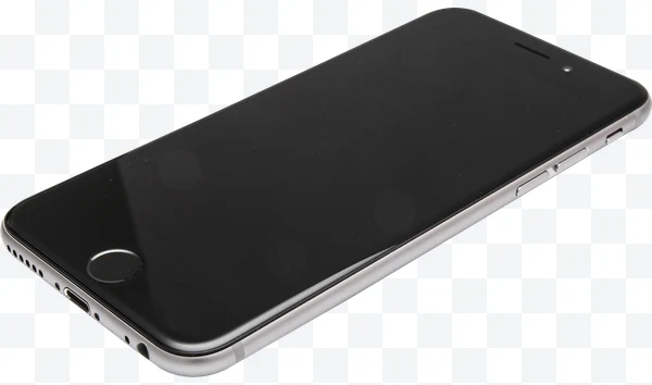 IPhone con pantalla negra y bordes plateados visto en ángulo