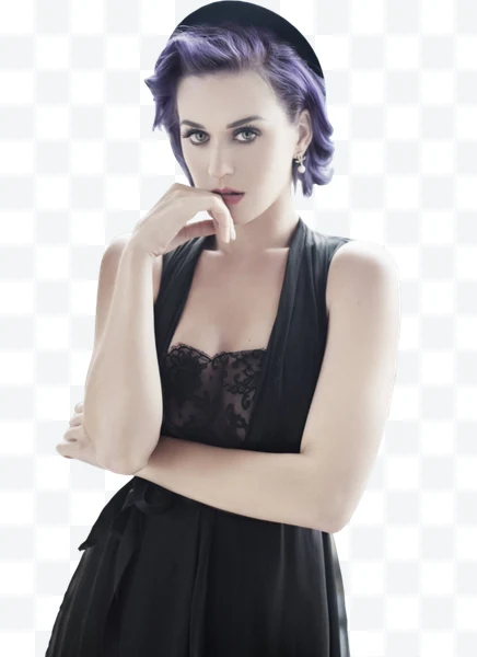 Katy Perry con cabello morado y vestido negro posando con la mano cerca de la