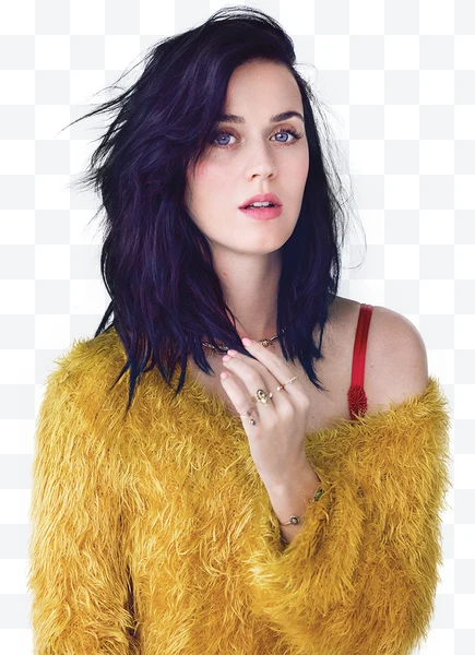 Katy Perry con suéter amarillo peludo y cabello oscuro mirando al frente