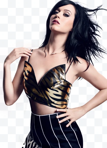 Katy Perry con cabello negro y top dorado y negro de estampado de tigre