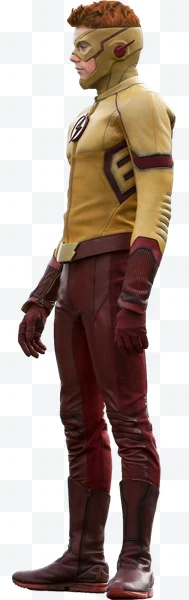 Kid Flash de perfil con traje amarillo y rojo y cabello rizado rojo