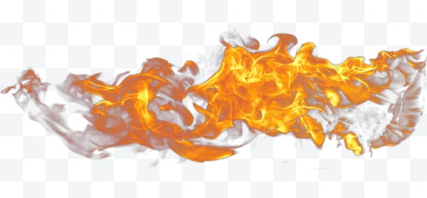 Llama de fuego naranja con humo gris en fondo blanco