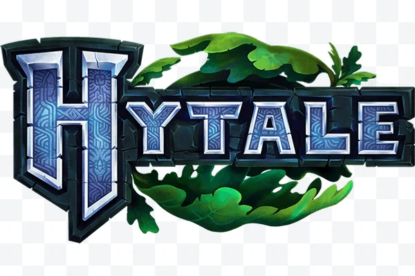 Logo de Hytale con textura de piedra azul y hojas verdes alrededor