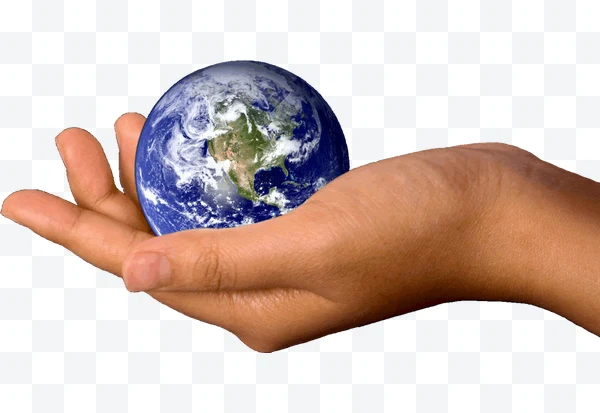 Mano humana sosteniendo el planeta Tierra con fondo blanco.